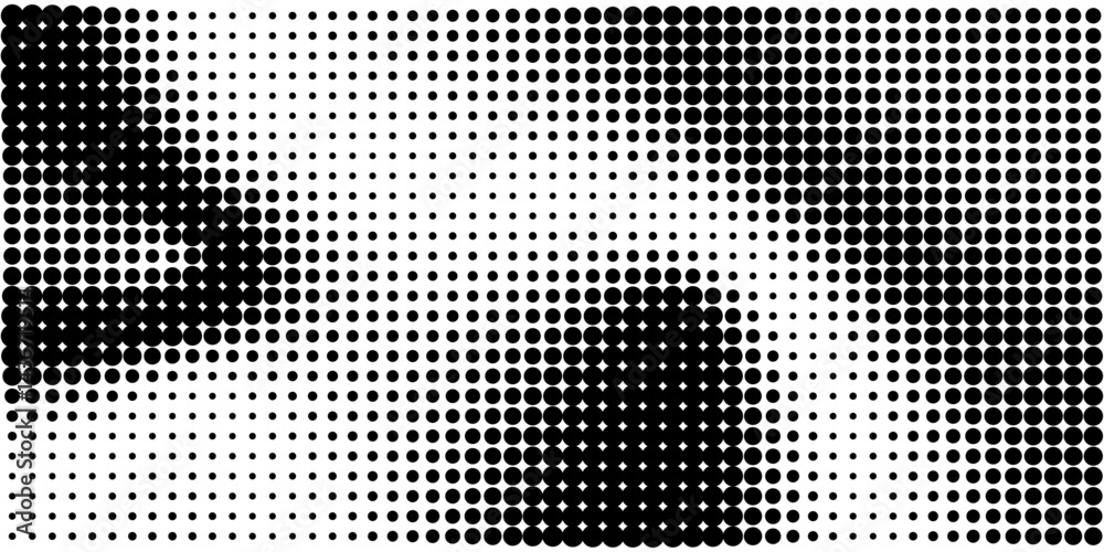 Aufkleber Stipple pointillism texture. Sand, grain gradient. Abstract black halftone wavy circles composed of various dots on transparent background. Geometric vector pattern for banner, card, comic book