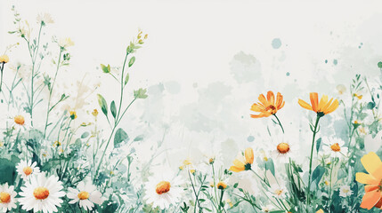 Fototapeta premium watercolor botanical Chamomile flowers texture template background.Elegant wedding invitation card background . Minimal hand painted Design for wedding or Valentine's Day