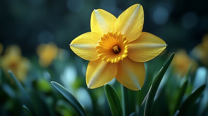 Fototapeta premium Vibrant yellow daffodil blooming amidst lush green foliage in a serene garden setting