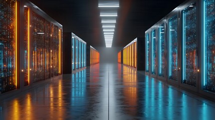 Server room corridor with glowing orange and blue lights reflecting off the floor.