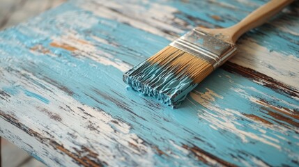 Fototapeta premium Home improvement project with paintbrush and vintage furniture restoration.