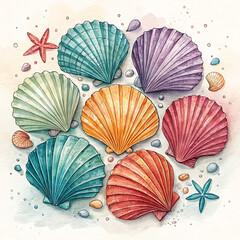 elegant blue and white and colorful sea shells pattern on a minimalistic background