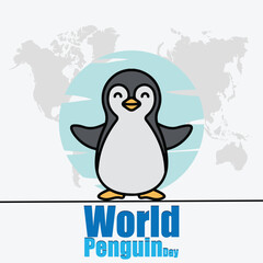Cute little penguin. Vector flat cartoon illustration isolated on white. Banner, postcard. Penguin awareness day. World Penguin Day, Inscription, signed picture. Character, Antarctic animal, Polar.