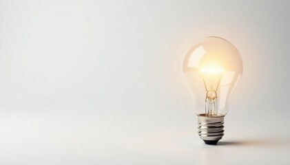 Single lightbulb glowing brightly against pure white background, spark, inspiration, lightbulb