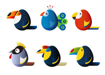 Set of vector illustrations. Avian concept. Funny Egg shaped exotic birds. Pictures for kids 