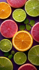 Fototapeta premium Citrus Slices: A vibrant display of sliced citrus fruits, showcasing the juicy textures and bright colors of grapefruit, lime, and orange.