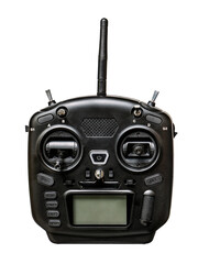 Top view of a drone (quadcopter) remote control with antenna and monitor, displayed orthogonally on a transparent background