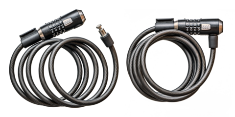 Cable lock with combination dial for securing bicycles, scooters, or unicycles, displayed on a transparent background — perfect for promoting personal transport security.