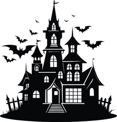 Spooky Halloween Haunted House With Bats and Bare Trees Silhouette