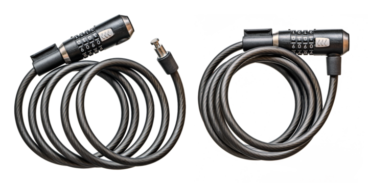 Cable lock with combination dial for securing bicycles, scooters, or unicycles, displayed on a transparent background — perfect for promoting personal transport security.