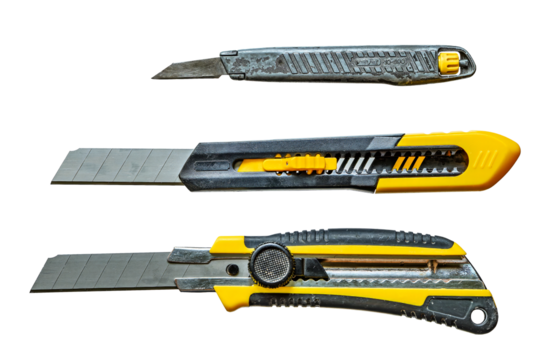 Set of three used retractable knives on a transparent background — ideal for illustrating retro tools, repair equipment, or collectible hardware themes.
