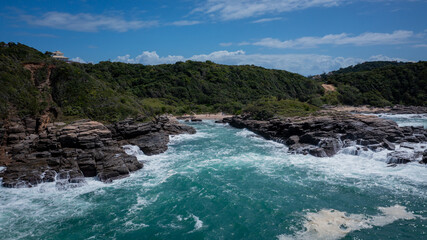 Aerial view of Búzios' stunning coastline, a vibrant tourist destination known for its beach lifestyle in the Lake District