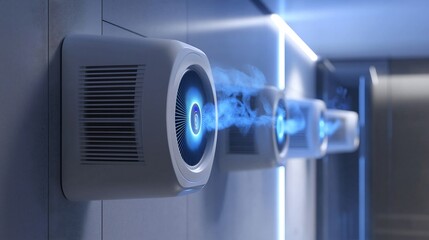 Blue Laser Beam Emitting from Futuristic Device on Metallic Wall in Laboratory