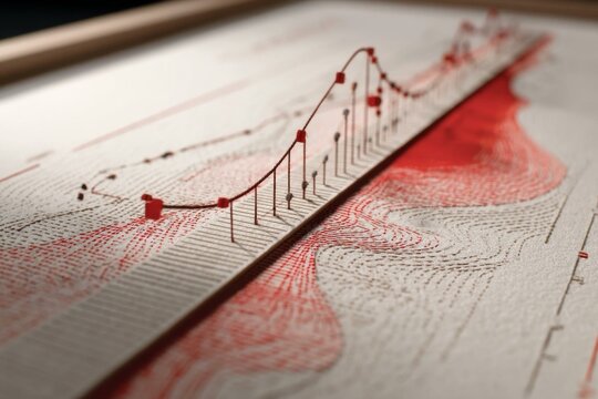 Topographic Map with Red Line Graph, Pins, and Contour Lines Showcasing Data, Research, and Statistical Information