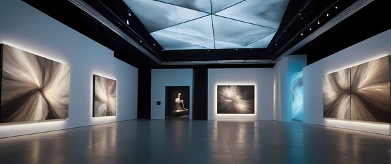 Contemporary art gallery interior with huge abstract canvases lit by modular ceiling spotlight panels