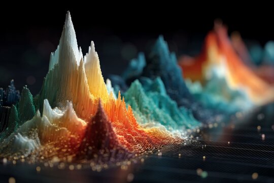 Abstract line graph showing various data points with white, orange, and blue colors against a dark background