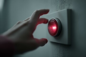 Activating a Red Emergency Alarm System on Wall with Hand Reaching to Press the Button for Urgent Response