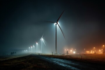 Obraz premium Wind farm at night featuring several turbines with rotating blades under foggy condition and lit with spotlights.