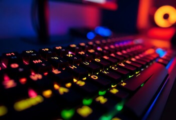 close up of a computer keyboard with colorful lights