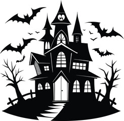 Spooky Halloween Haunted House With Bats and Bare Trees Silhouette