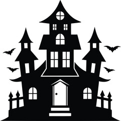 Spooky Halloween Haunted House With Bats and Bare Trees Silhouette