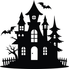 Spooky Halloween Haunted House With Bats and Bare Trees Silhouette