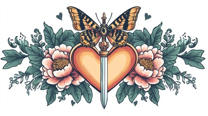 Heart pierced by dagger, butterfly, peonies; tattoo design