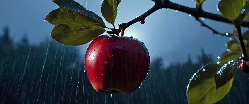 Close up of vivid red apple hanging from tree limb glistening with morning rain against blue sky