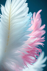 Naklejka premium Abstract background with white, blue, and pink feathers and flowing ribbons.
