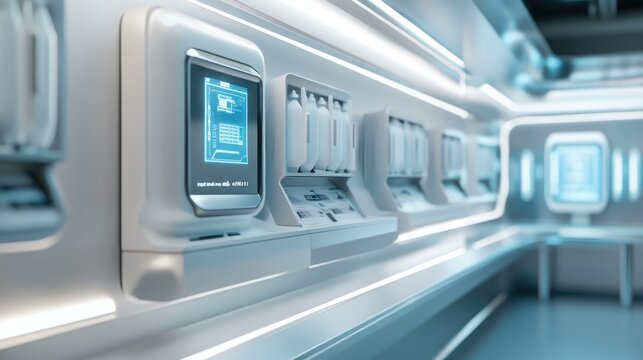 A futuristic hallway interior, featuring white walls and screens. The screens display blue graphical interfaces, hinting at advanced technology.