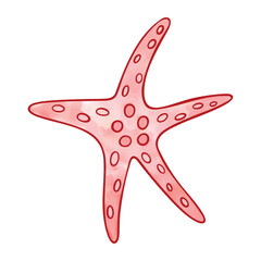 Starfish with Watercolor texture in cartoon style. Cute Red Sea animal for children design, marine, summer decoration or underwater scenes. Isolated on white background. Color vector illustration