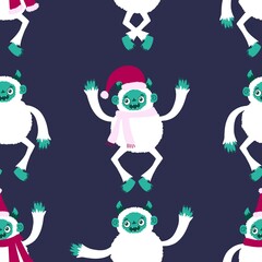 Winter monsters seamless Christmas yeti pattern for wrapping paper and fabrics