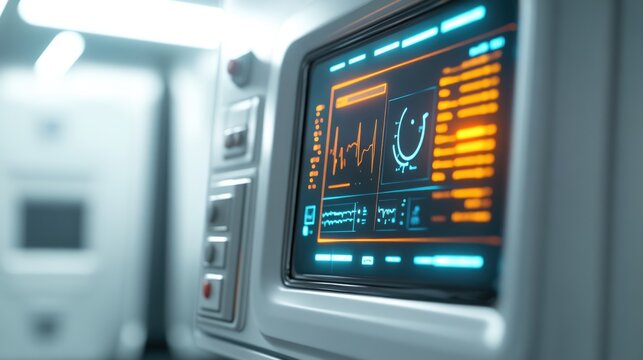 Close up of a medical machine with monitors displaying waveforms and other health metrics