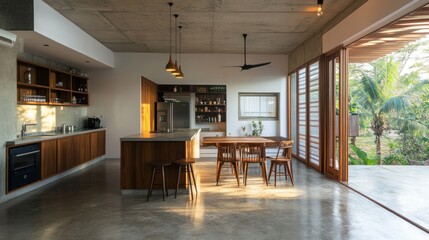 Fototapeta premium Tropical modern kitchen, dining area, open plan design, sunlight, patio view, home decor