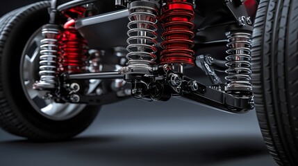 Fototapeta premium Car suspension system check with car lifted and wheels removed