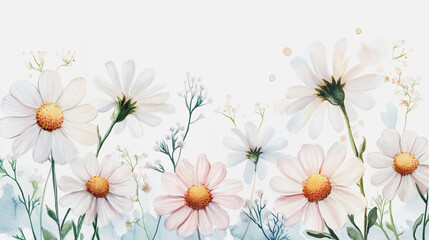 watercolor botanical Chamomile flowers texture template background.Elegant wedding invitation card background . Minimal hand painted Design for wedding or Valentine's Day