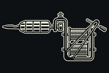 Tattoo machine vector illustration in classic style. Detailed monochrome design perfect for tattoo studio badges, icons, and artistic designs. Retro engraving aesthetic for ink lovers