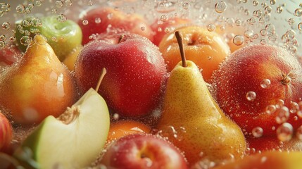Fresh fruit immersed in water with bubbles