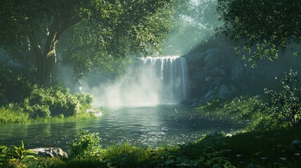 Naklejka premium Lush, tranquil forest scene with cascading waterfall. Sunlight filters through verdant canopy, illuminating a serene river