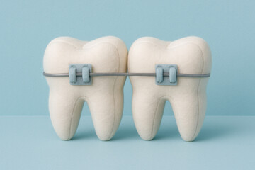 Whimsical and charming two soft, plush tooth toys made from matt white fabric. The teeth are connected by a orthodontic braces system
