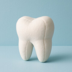 Whimsical and charming soft, plush tooth toy made from matt white fabric. Cute toy for dental care,  children’s dentistry, pediatric dentistry,  health education, playful dental concept.