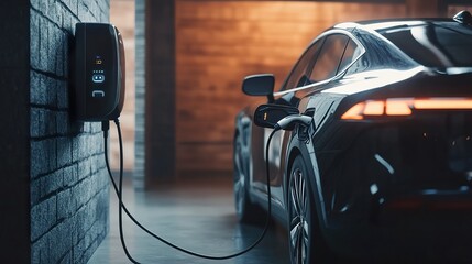 Charging electric car in garage with wall-mounted charger