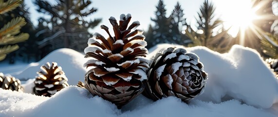 Close up of frost coated pine cones nestled among snow covered branches under crisp winter sunlight