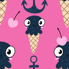 Summer ocean animals seamless octopus and ice cream pattern for wrapping paper and fabrics and linens