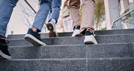 Feet, people and walking on steps at school for education, learning break and studying of classroom...