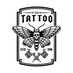 Vintage tattoo studio emblem with moth and tattoo machine. Classic blackwork vector illustration in gothic and old school style. Perfect for tattoo designs, prints, and artistic compositions