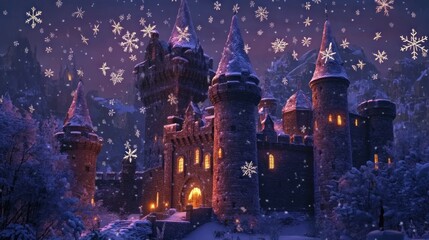 Obraz premium Snowy castle at night, snowflakes falling