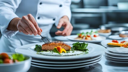 Expert Chef Skillfully Plating Fine Dining Salmon Dish