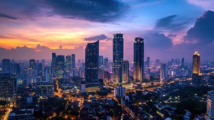 Fototapeta premium Cityscape at twilight. Urban skyline illuminated at sunset