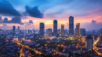 Obraz premium Urban skyline at twilight. Dense cityscape with modern high-rises and residential areas. Vibrant sunset hues